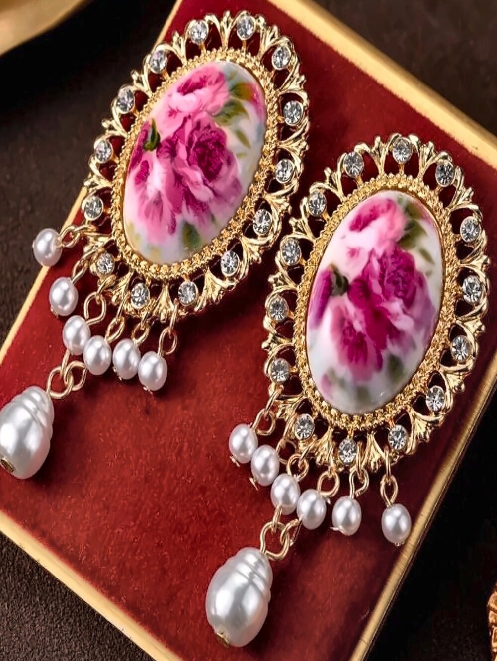 Gold Floral Porcelain Drop Earrings